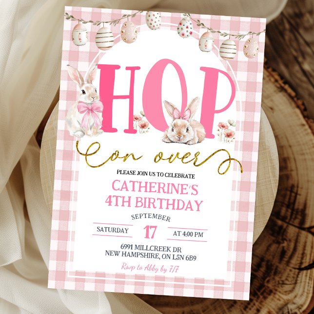 Gingham Boho Floral Hop on over Bunny Birthday Invitation (Creator Uploaded)