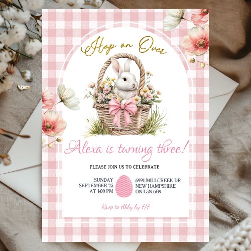 Gingham Boho Pink Bow Floral Easter Bunny Birthday