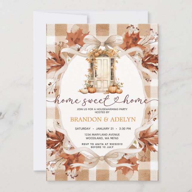 Gingham Boho Pumpkin housewarming party Invitation (Front)