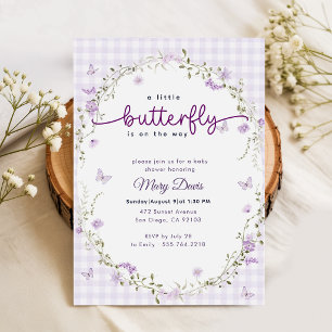Gingham Boho Spring Lavender Butterfly Baby Shower Invitation