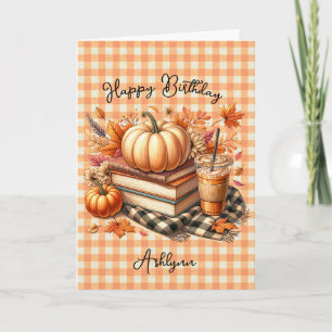 Gingham Books and Orange Pumpkin Spice Birthday Card