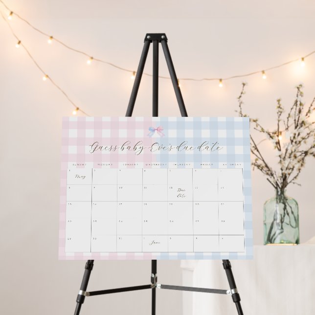 Gingham Bow Gender Reveal Baby Arrival Calendar  Foam Board (In Situ (Stand))