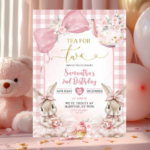 Gingham Bow Pink Bunny Tea Party Second Birthday I Invitation