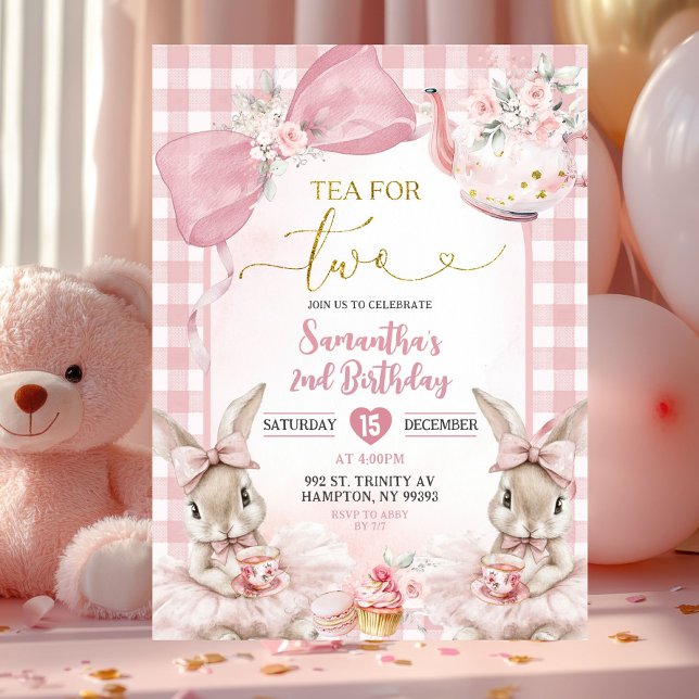 Gingham Bow Pink Bunny Tea Party Second Birthday I Invitation (Creator Uploaded)