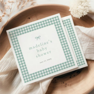 Gingham Bow Sage Green Gender Neutral Baby Shower Napkins