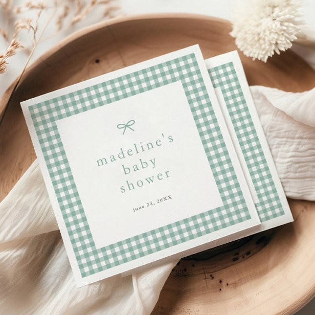 Gingham Bow Sage Green Gender Neutral Baby Shower Napkins (Sage green bow gingham gender neutral baby shower napkins.)