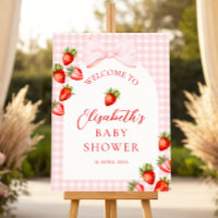 Gingham Bow Strawberry Baby Shower Welcome Sign
