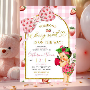 Gingham Bow Strawberry Spanish Baby Baby Shower Invitation