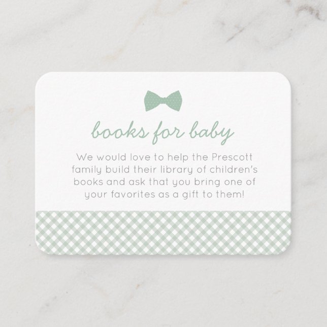 Gingham bow tie green baby shower enclosure card (Front)