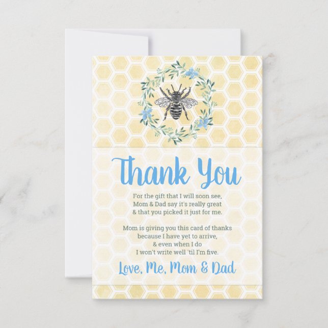 gingham boy mommy to bee theme flat baby shower thank you card (Front)