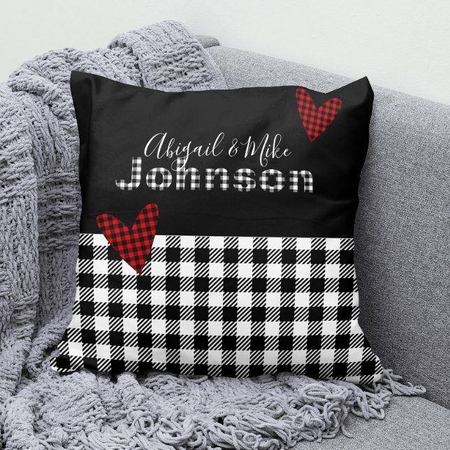 Gingham Buffalo Check Personalized Black Red White Throw Pillow