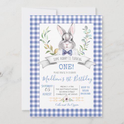 Gingham bunny birthday invitation