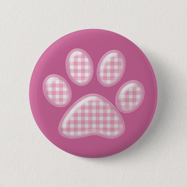 gingham cat paw - pink pinback button (Front)