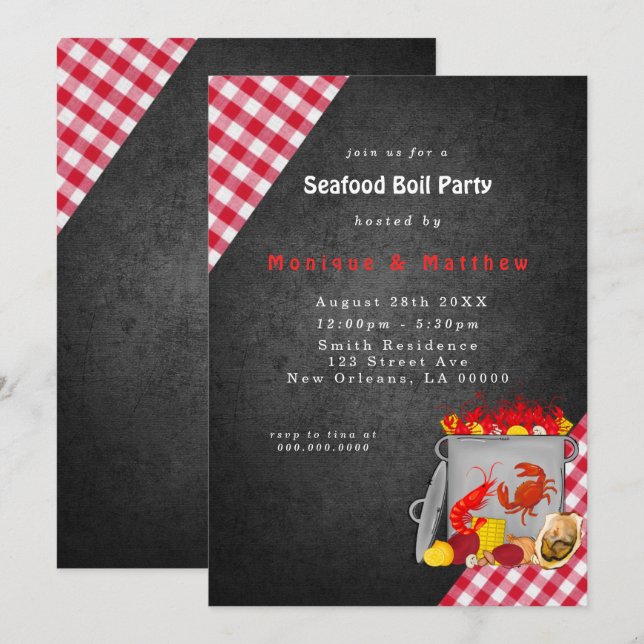 Gingham Chalkboard Seafood Boil Party Invitation (Front/Back)