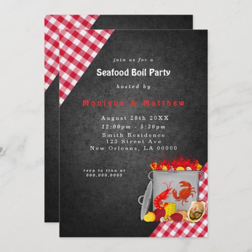 Gingham Chalkboard Seafood Boil Party Invitation