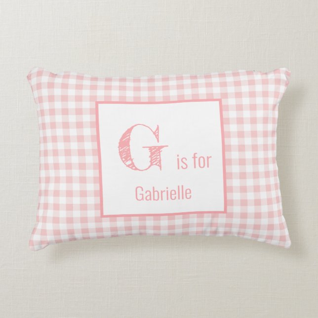 Gingham Check Baby Pink & White - Monogram Nursery Accent Pillow (Front)