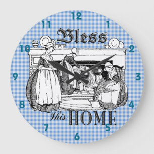 gingham check blue and white Bless This Home clock