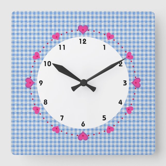 gingham check blue and white with hearts clock (Front)
