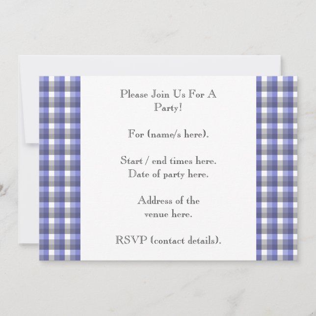 Gingham check. Blue, Gray, White. Photo Template. Invitation (Front)