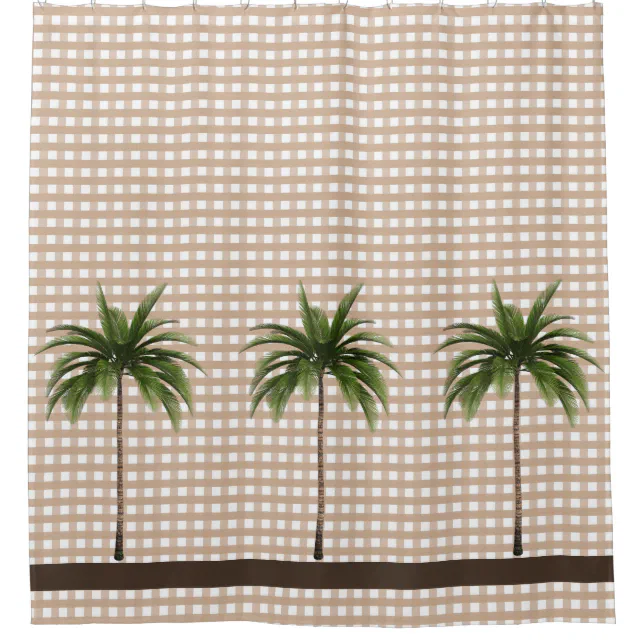 Gingham Check | Brown Stripe | Three Palm Trees Shower Curtain | Zazzle
