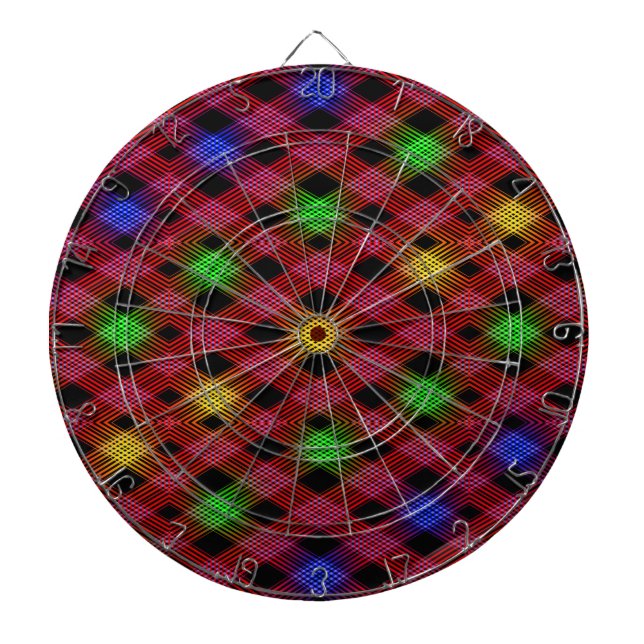 Gingham Check Multicolored Pattern Dartboard With Darts (Front)