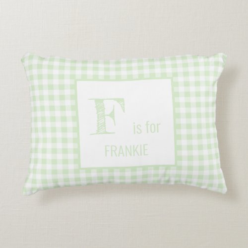 Gingham Check Pastel Mint Green  White Monogram Accent Pillow
