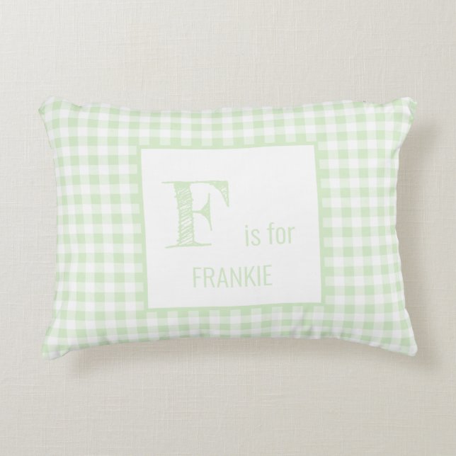 Gingham Check Pastel Mint Green & White Monogram Accent Pillow (Front)