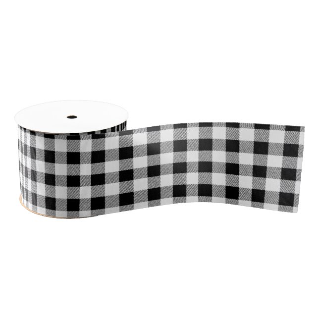 Gingham check pattern black and white grosgrain ribbon (Spool)