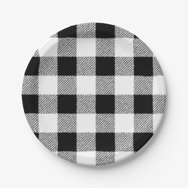 Gingham check pattern black and white paper plates (Front)