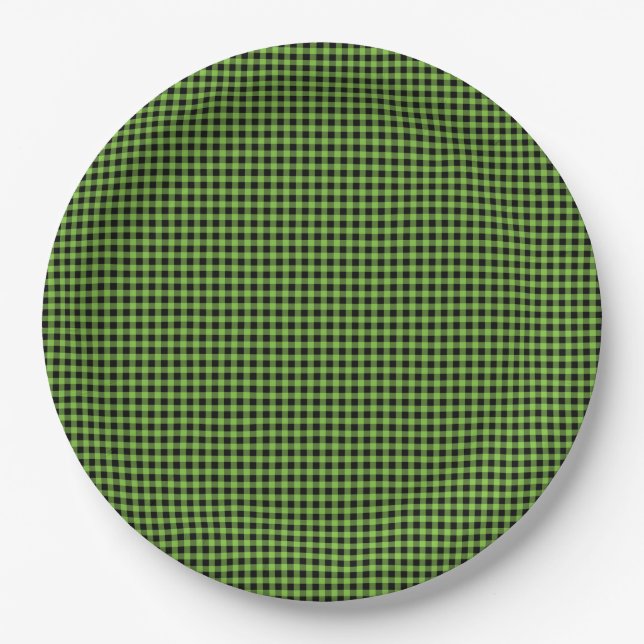 Gingham Check Pattern Black Green Timeless Fun Paper Plates (Front)