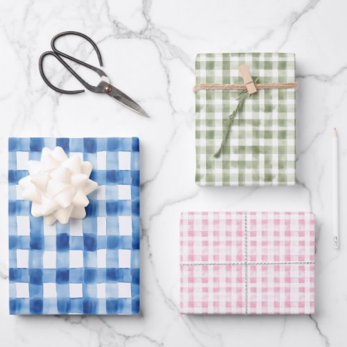 Gingham Check Pattern Blue Pink Sage Green Wrapping Paper Sheets