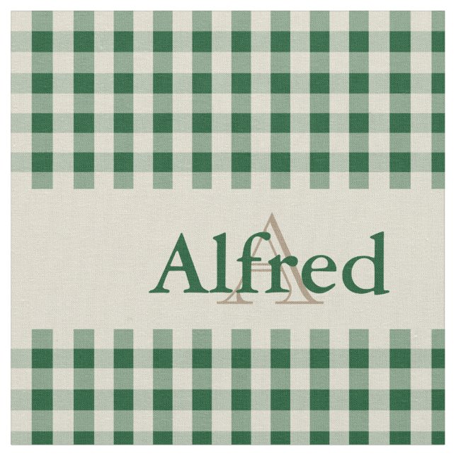 Gingham Check Pattern Monogram Dark Green Beige Fabric (Close Up)