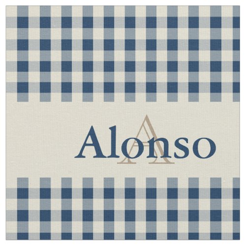 Gingham Check Pattern Monogram Navy Blue Beige Fabric