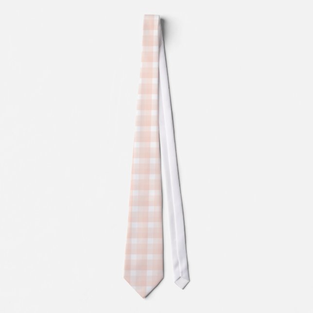 Gingham check pattern. Peach pink and white. Neck Tie (Front)