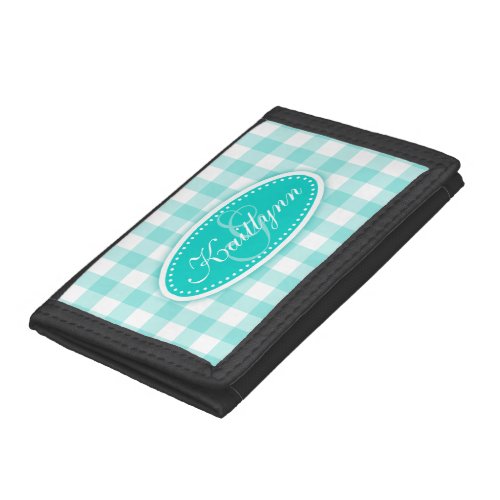 Gingham check patterned aqua mint add your name tri_fold wallet