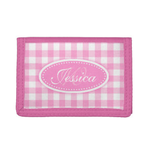 Gingham check patterned pink add your name trifold wallet
