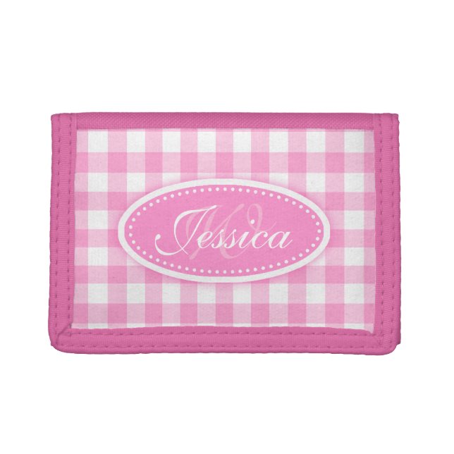 Gingham check patterned pink add your name trifold wallet (Front)