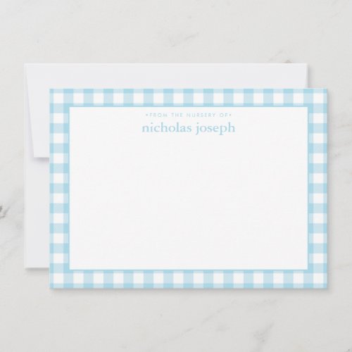 Gingham Check Personalized Baby Blue Flat Note Card