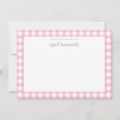 Gingham Check Personalized Light Pink Flat Note Card