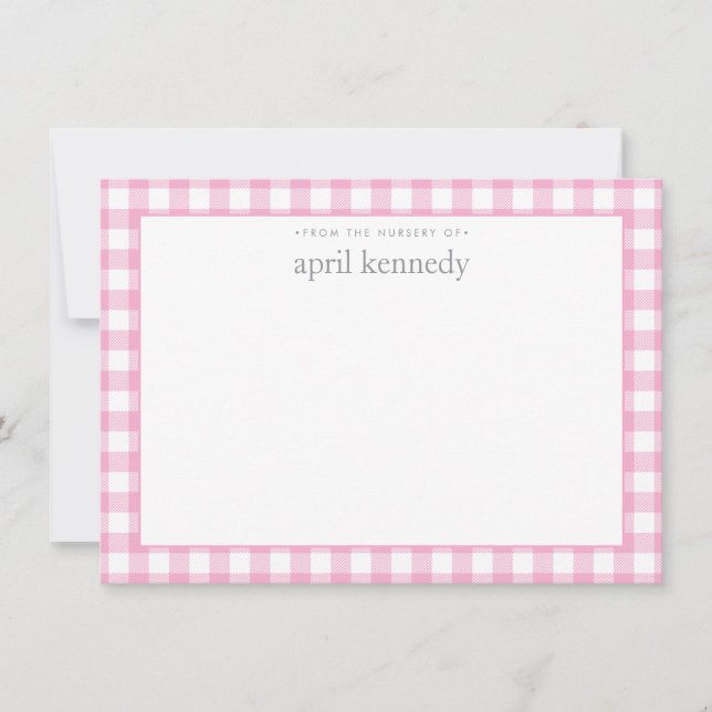 Gingham Check Personalized Light Pink Flat  Note Card (Front)