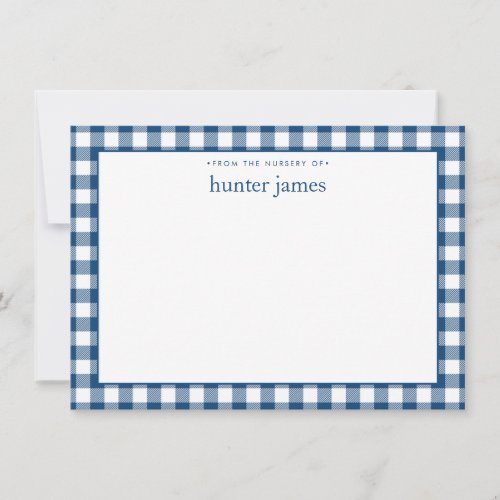 Gingham Check Personalized  Navy Blue Flat Note Card