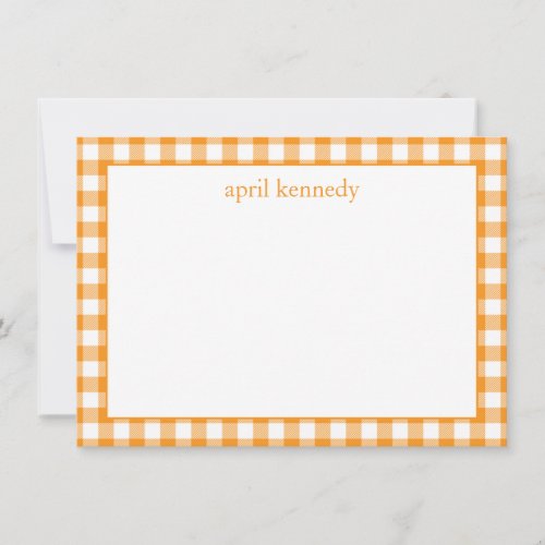 Gingham Check Personalized Orange Flat Note Card