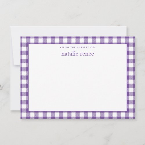 Gingham Check Personalized Purple Flat Note Card