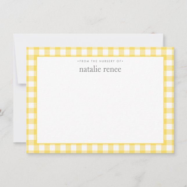 Gingham Check Personalized Yellow Flat  Note Card (Front)