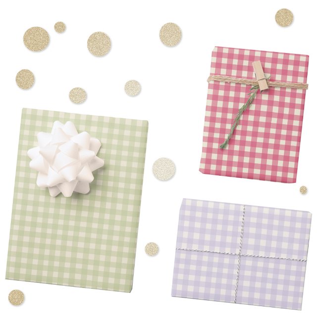 Gingham Check Plaid Hand Drawn Pretty Wrapping Paper Sheets (Modern gingham check plaid hand drawn gift wrapping paper sheets in cherry pink, pistachio and lilac)