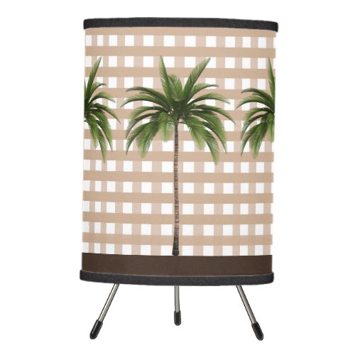 Gingham Check Three Palm Trees with Brown Stripe Tripod Lamp