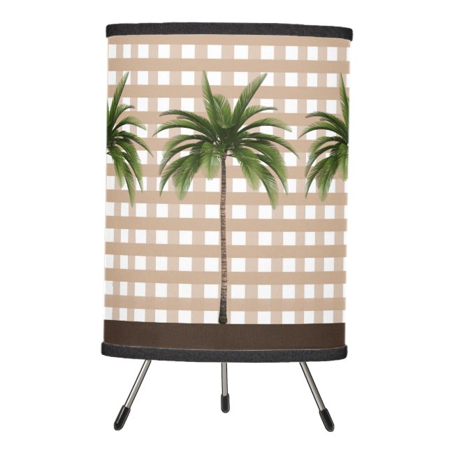 Gingham Check |Three Palm Trees with Brown Stripe Tripod Lamp (Front)