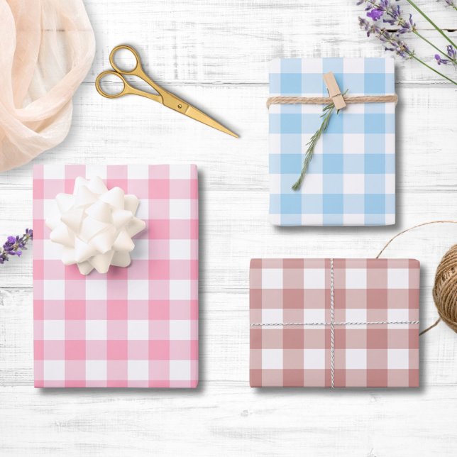 Gingham Checkered Patten Pink, Light Blue, Mauve Wrapping Paper Sheets (In situ)