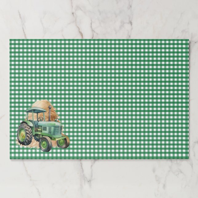 Gingham Checks Green Tractor Birthday Party Paper Pad (Front)