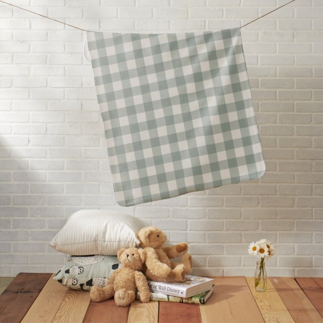 Gingham checks plaid light sage green baby blanket (In Situ)